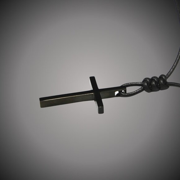 Black Titanium Steel Cross † on Hand Knotted Black Leather Cord Necklace- Unisex - Picture 2 of 7